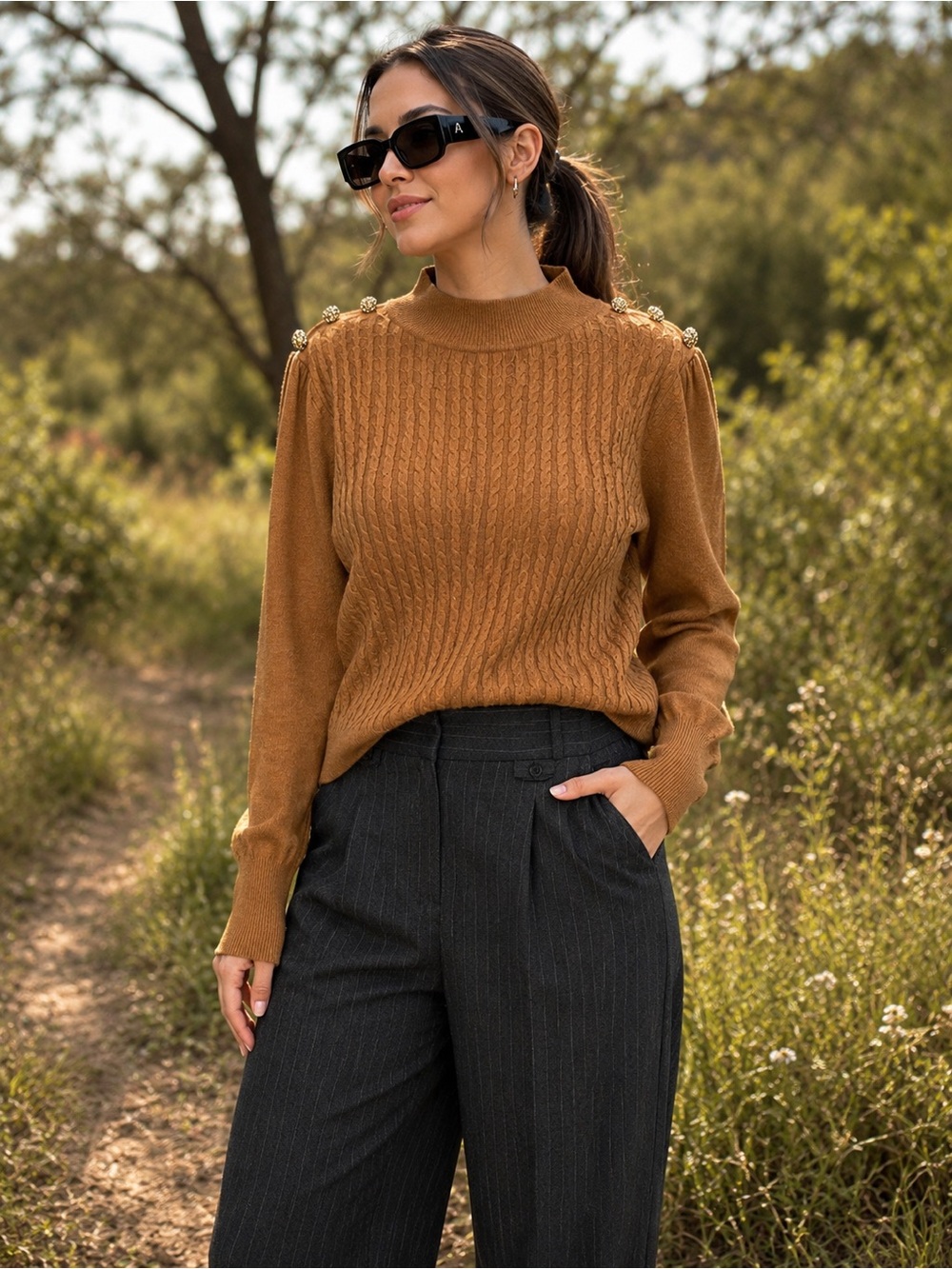 Adrianna Papell Cable Knit Mock Neck Sweater‎ Camel Gold Button Shoulder Size M
